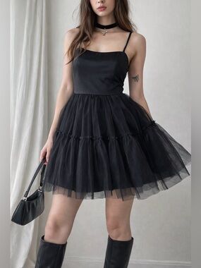 Black Tulle Mini Dress Tiered Babydoll Slip Party Aesthetic XL